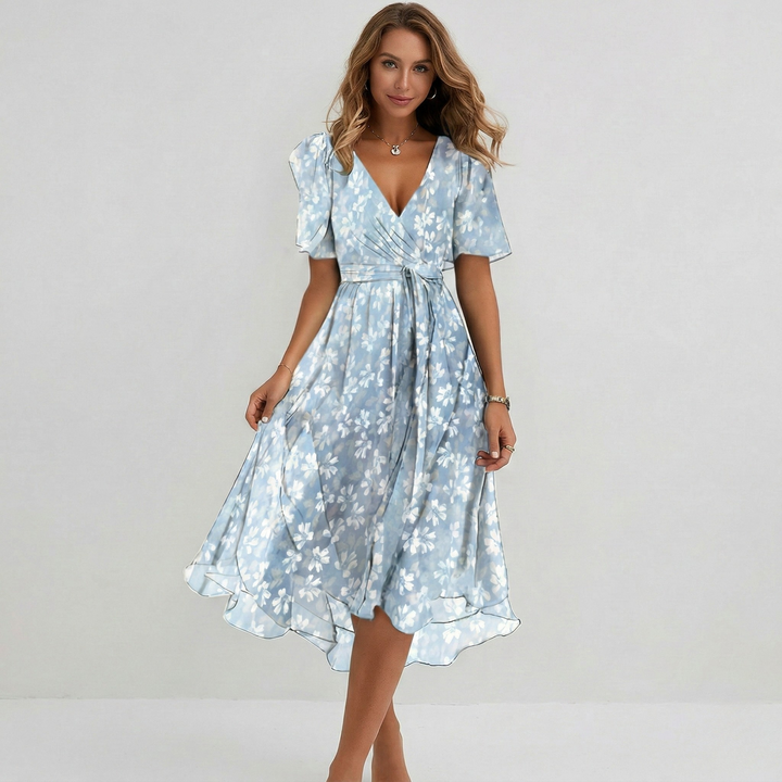 Elegant women's floral V-neck midi dress with short sleeves, perfect for summer casual or vacation outfits.