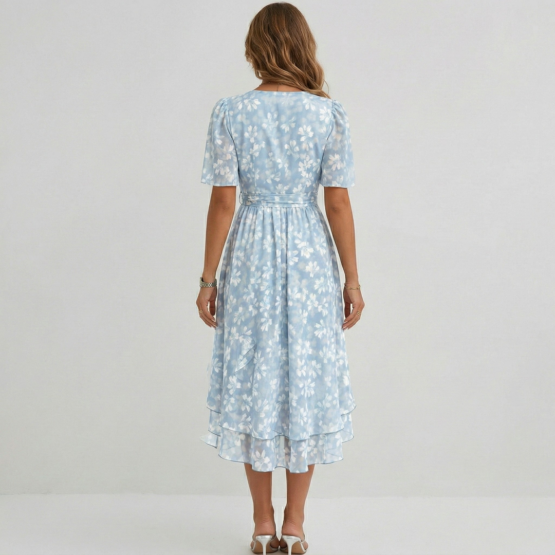 Women's short sleeve floral V-neck midi dress, an elegant and casual summer fashion essential.