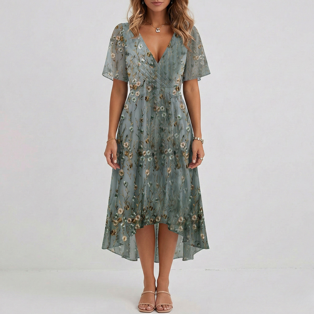 Versatile women's short sleeve floral midi dress, a comfortable V-neck style for elegant summer wear.