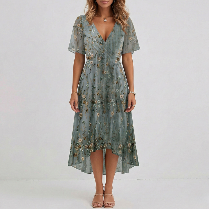 Versatile women's short sleeve floral midi dress, a comfortable V-neck style for elegant summer wear.
