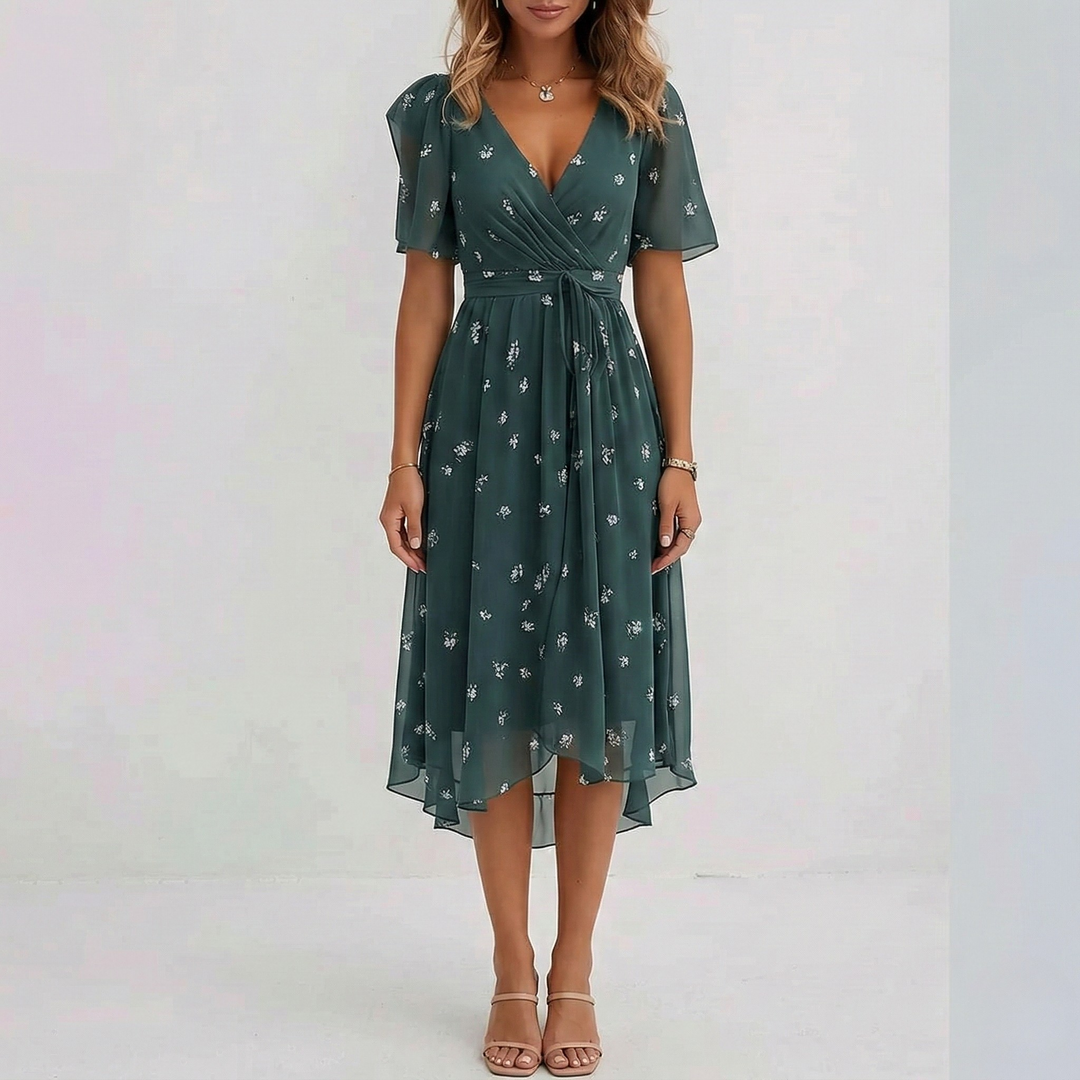 Summer midi dress for women, featuring a beautiful floral print, V-neck, and comfortable short sleeves.