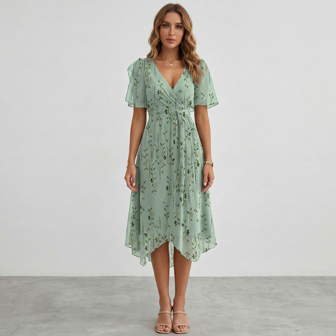 Lovely women's floral summer midi dress with an elegant V-neck and short sleeves, perfect for sunny days.