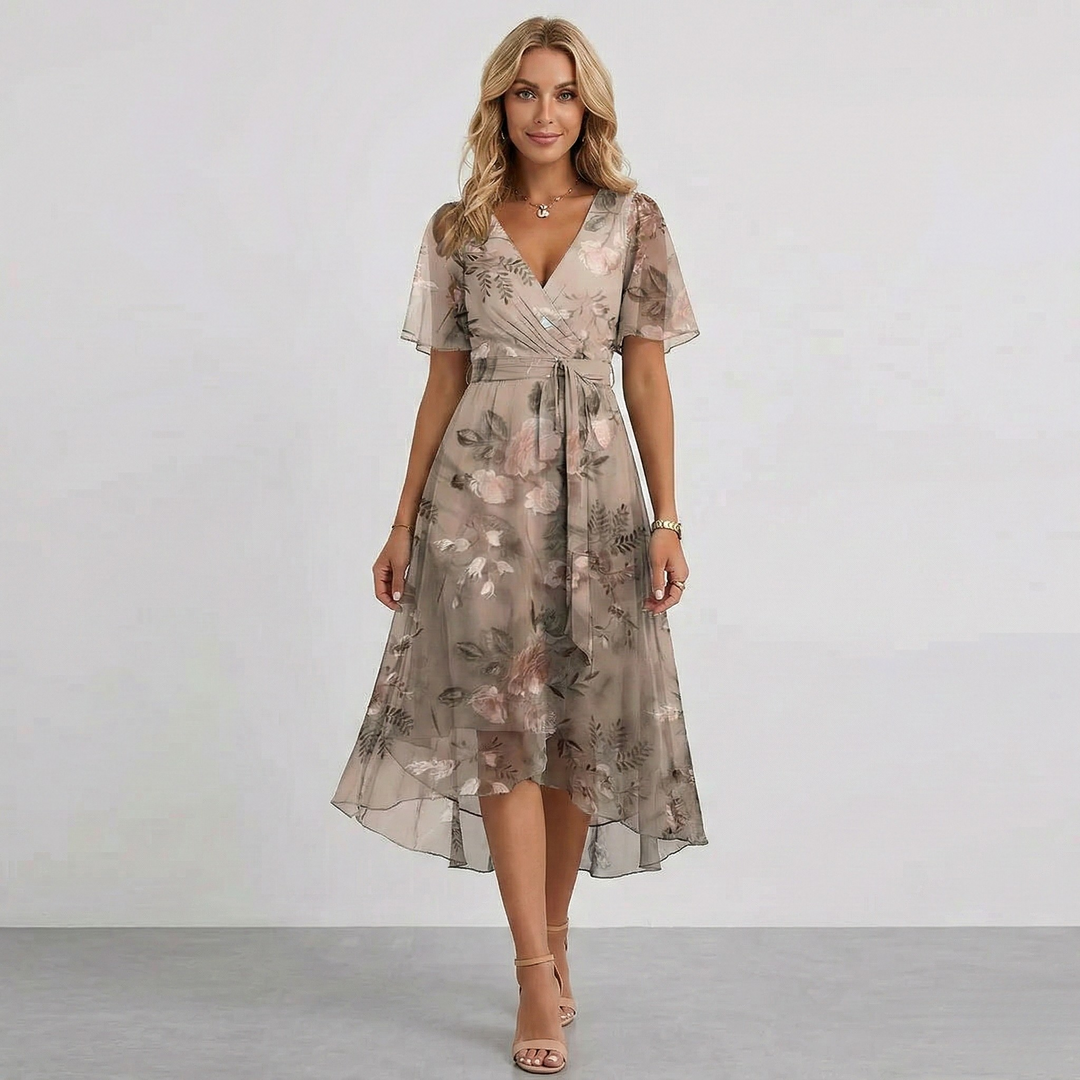 Flowy women's summer midi dress, elegant V-neck design with short sleeves and charming floral pattern.