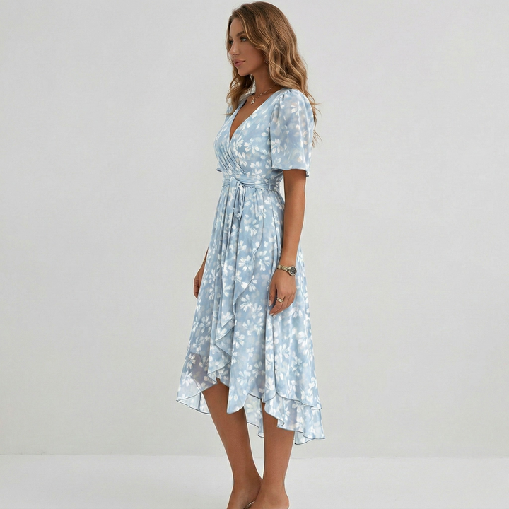 Elegant women's spring/summer midi dress with floral pattern, V-neck, and comfortable short sleeves.
