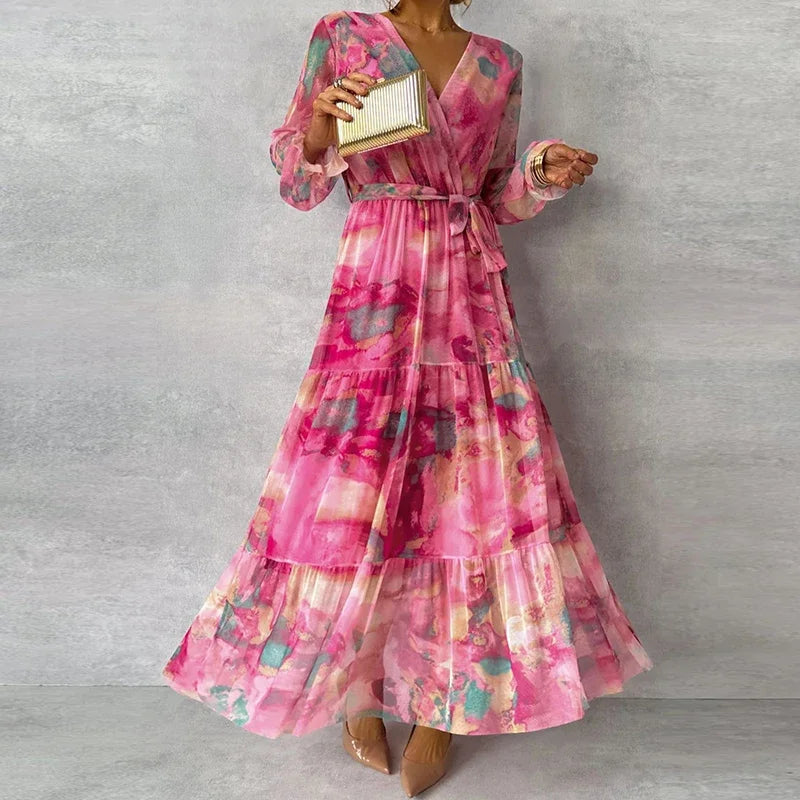 Elegant women's floral V-neck wrap maxi dress, perfect for a summer wedding guest or special occasion.