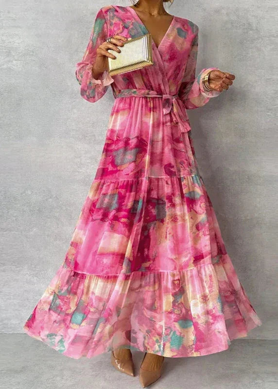 Flowy floral print maxi wrap dress with V-neck, ideal for women's summer parties, vacations, or wedding guests.