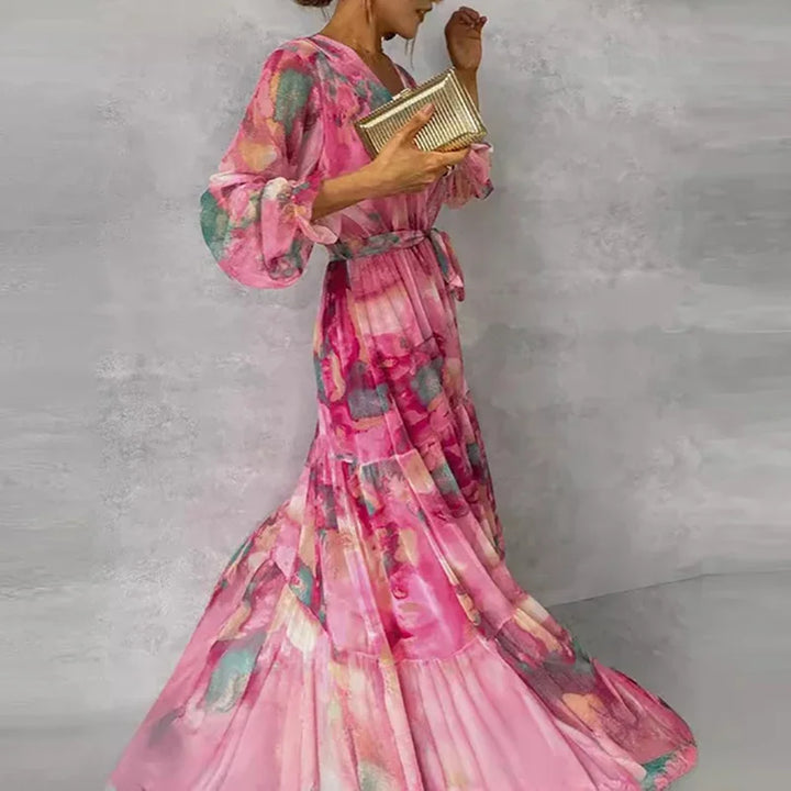 Feminine V-neck wrap maxi dress in floral print, elegant women's fashion for wedding guests & special occasions.