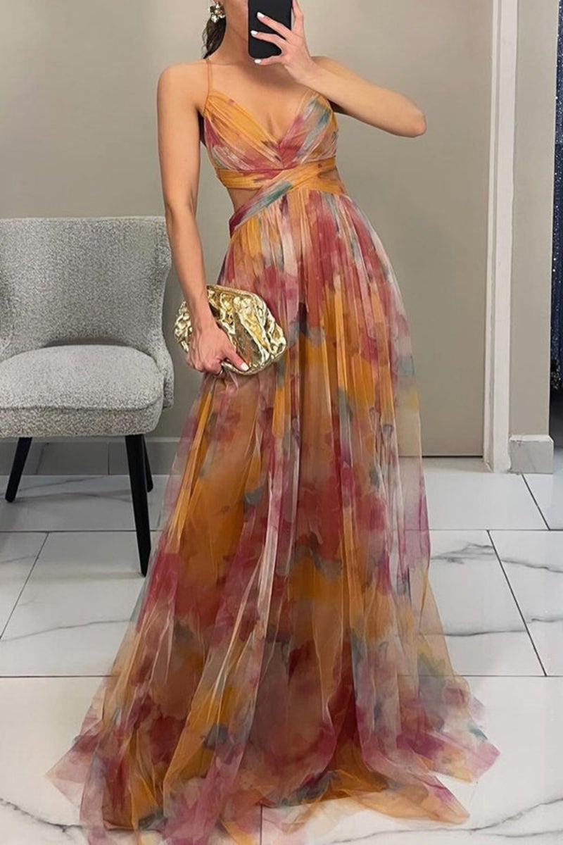 Elegant women's floral wrap maxi dress, V-neck, perfect as a wedding guest outfit. Sleeveless formal attire.