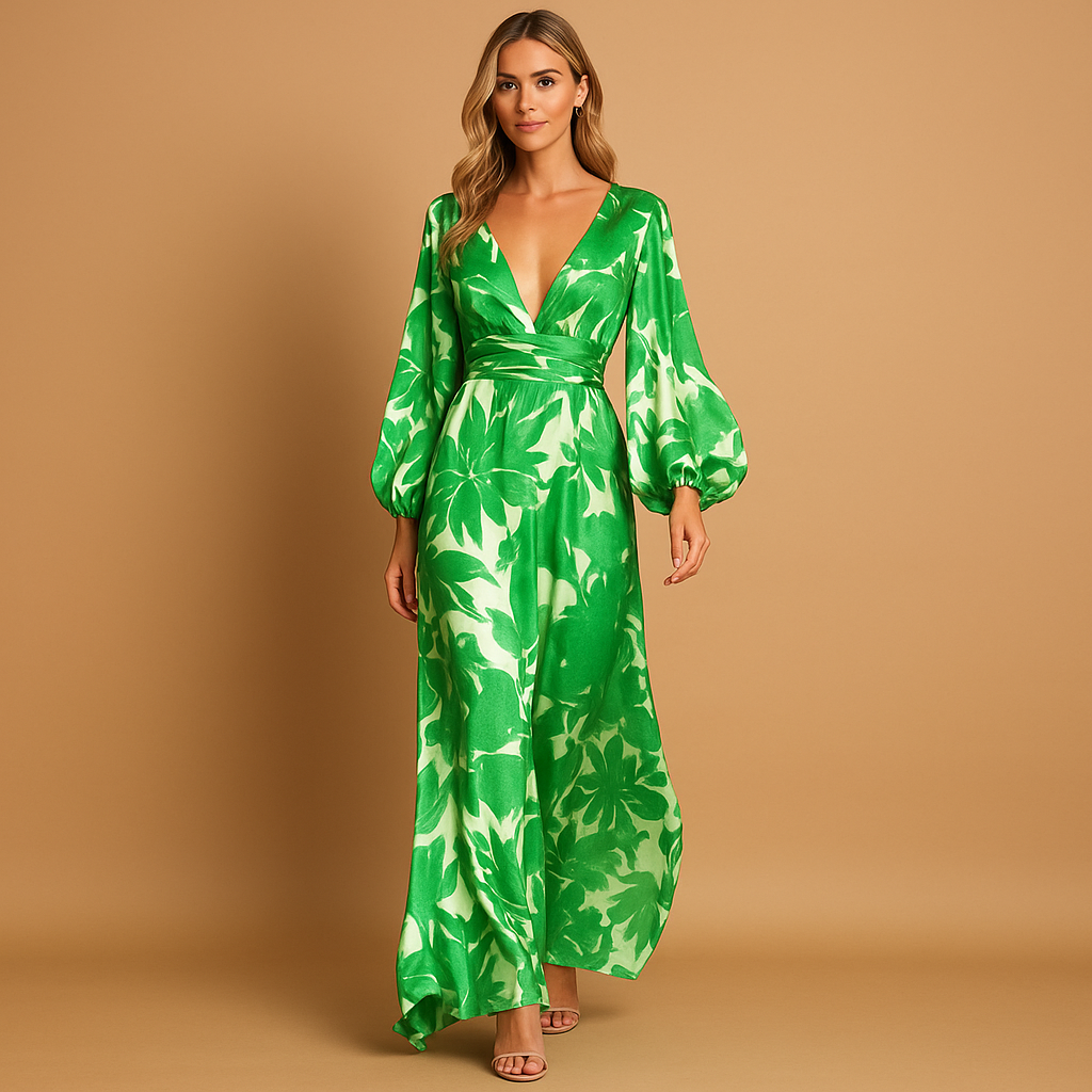 Elegant women's floral wrap maxi dress with balloon sleeves, ideal for wedding guests & formal events.