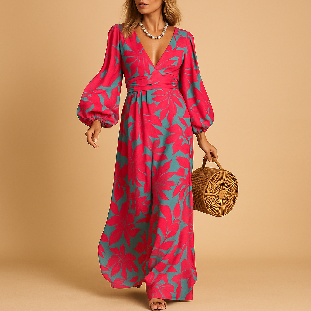 Women's V-neck floral wrap maxi dress featuring stylish balloon long sleeves for an elegant look.