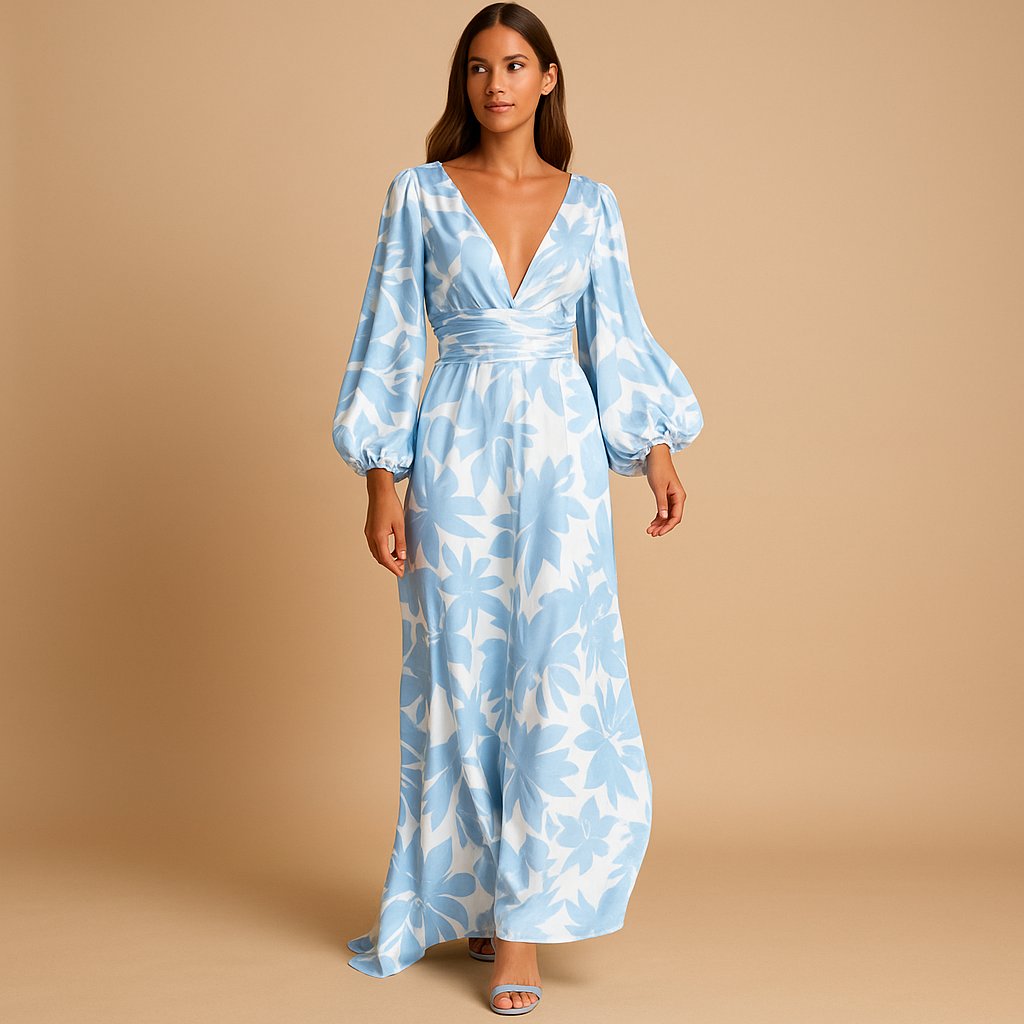 Beautiful floral print maxi dress, a flattering wrap style with elegant balloon sleeves for women.