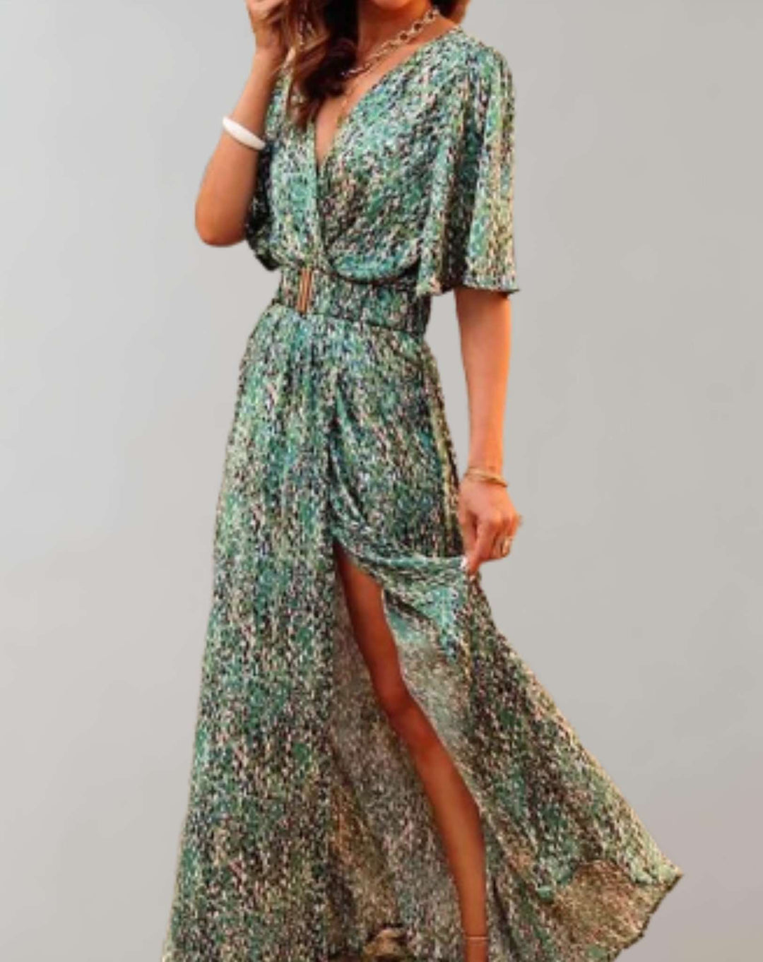Elegant women's floral wrap maxi dress with V-neck, flowy skirt, and a stylish side slit, perfect for summer.