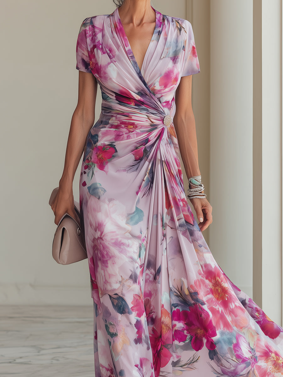 Women's elegant floral maxi wrap dress with V-neck & short sleeves, ideal for party, evening, or special occasion.