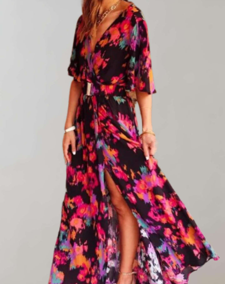 Chic women's floral wrap maxi dress, ideal for summer vacation, brunch, or casual elegant events.