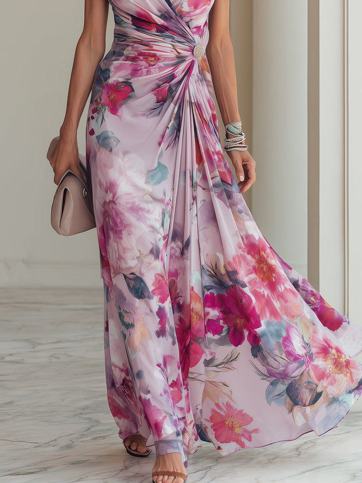 Chic women's floral wrap maxi dress featuring V-neck, short sleeves & ruched waist, perfect for formal wear.