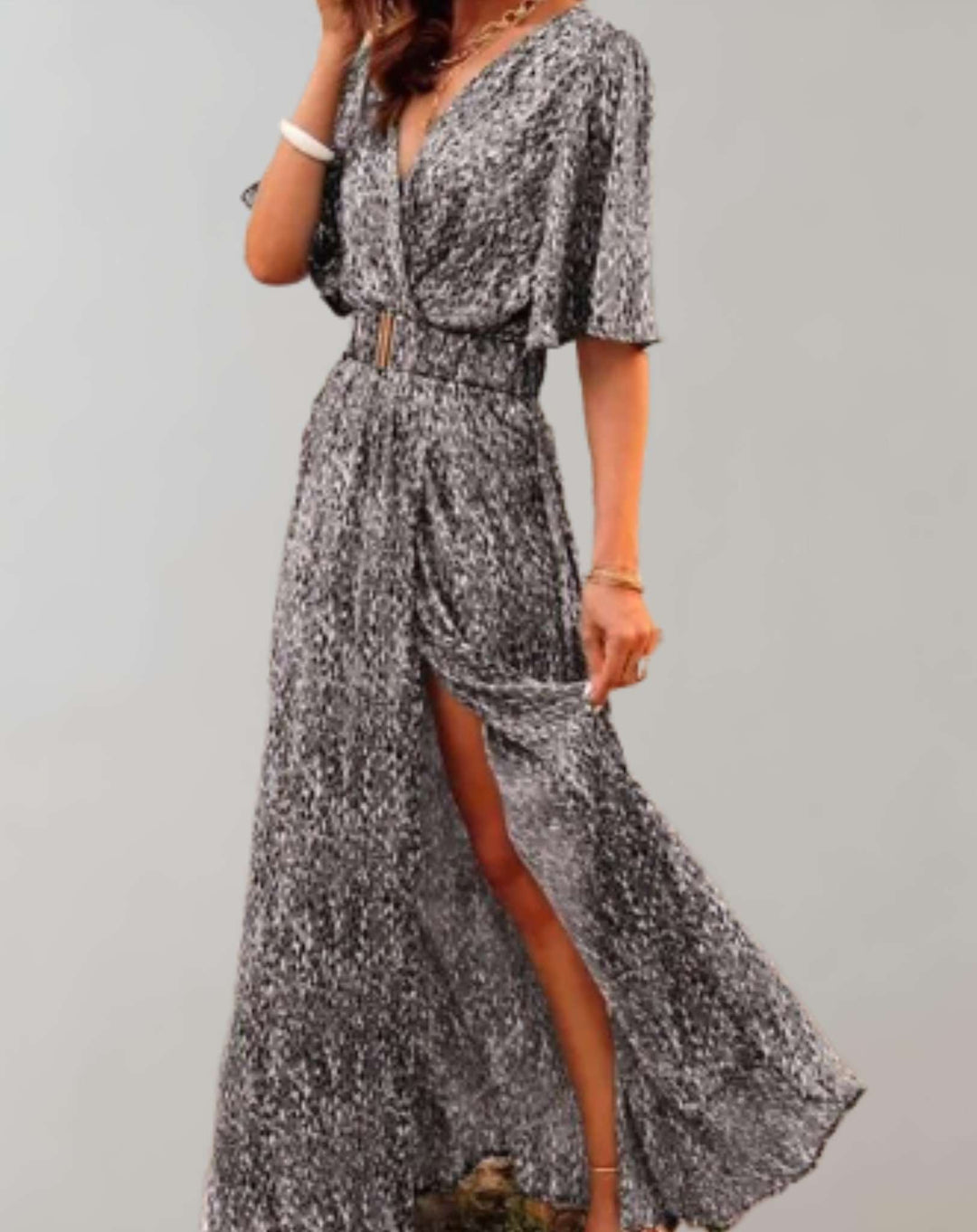 Flowy and comfortable women's floral wrap maxi dress with an adjustable waist, V-neck, and elegant side slit.