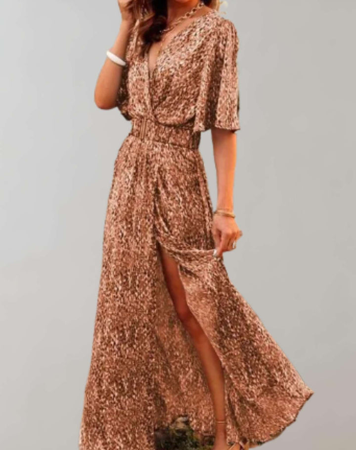 Stylish women's floral wrap maxi dress with a flattering V-neck and an elegant side slit, great for summer.