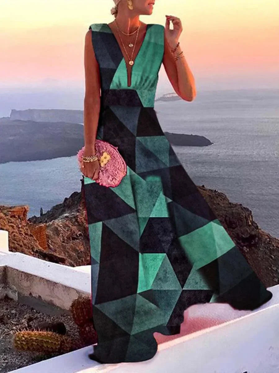 Sleeveless flowing deep V-neck maxi dress for women, ideal for vacation, beach, or summer fashion.