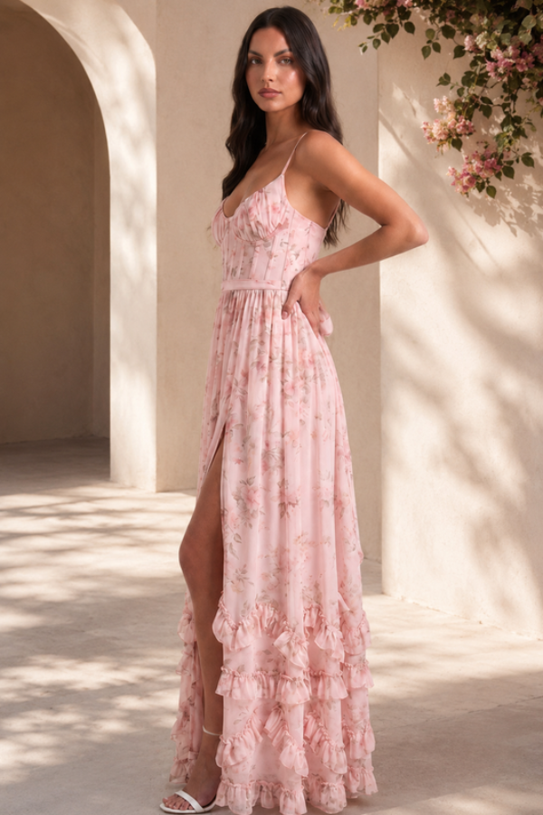 Pink flowing maxi event dress for women, an elegant choice for special occasions & formal wear. Party gown.