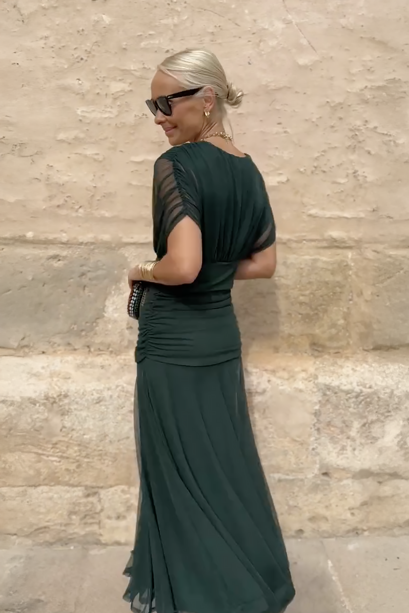 Long flowing V-neck maxi dress for women, an elegant party or evening gown suitable for events.