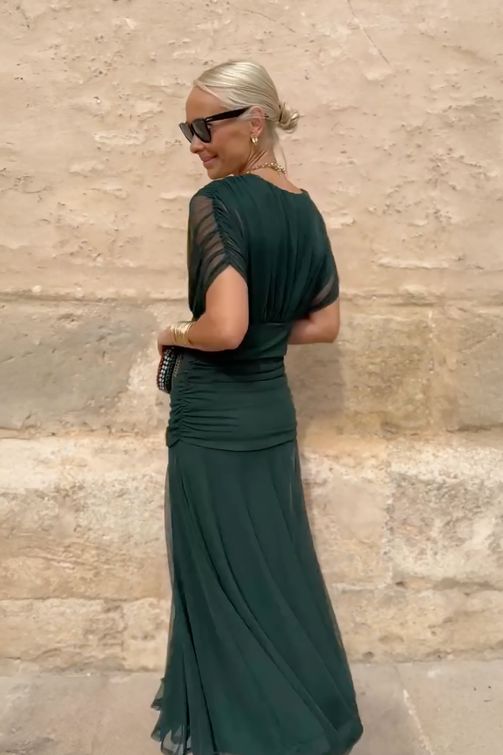 Long flowing V-neck maxi dress for women, an elegant party or evening gown suitable for events.