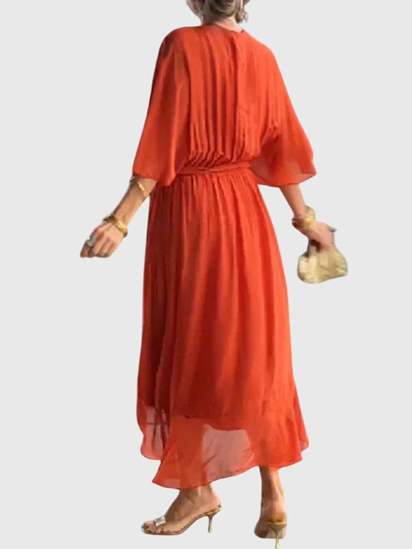Sophisticated V-neck maxi dress for women. Flowy, comfortable, and elegant for diverse social occasions.