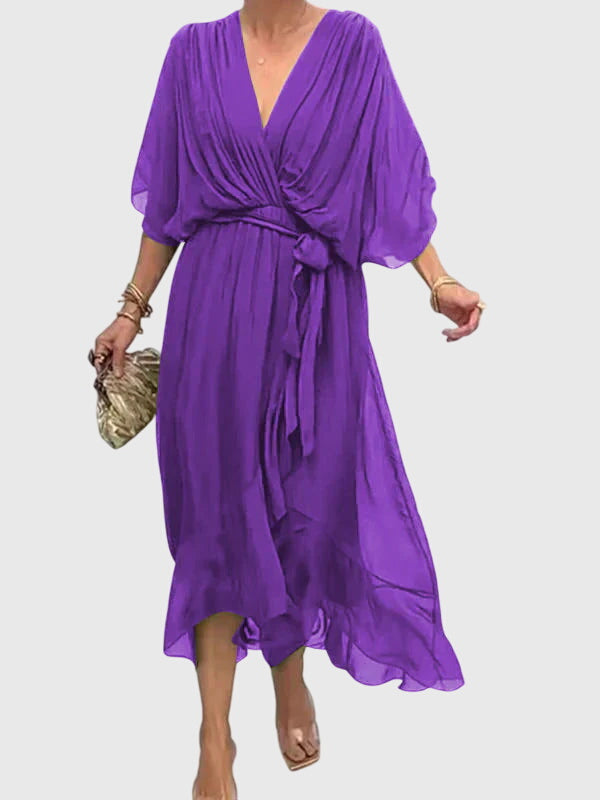 Chic V-neck flowy maxi dress for women, suitable for parties, summer events, or special occasions.