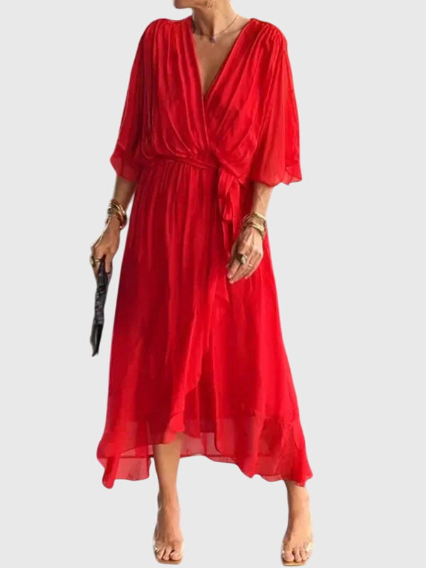 Women's comfortable occasion dress. Elegant, flowy A-line maxi dress with a stylish V-neck.