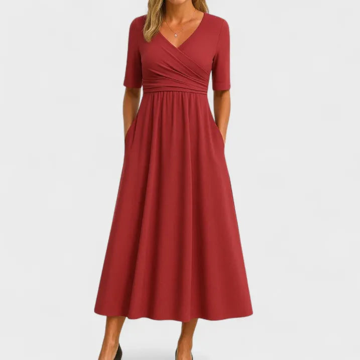 Elegant women's flowy V-neck midi dress, perfect for special occasions, parties, or as a wedding guest.