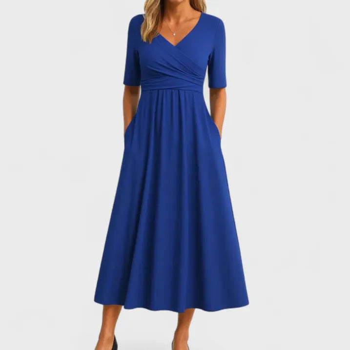 Flowy V-neck midi dress for women, an elegant and comfortable choice for formal events and special occasions.