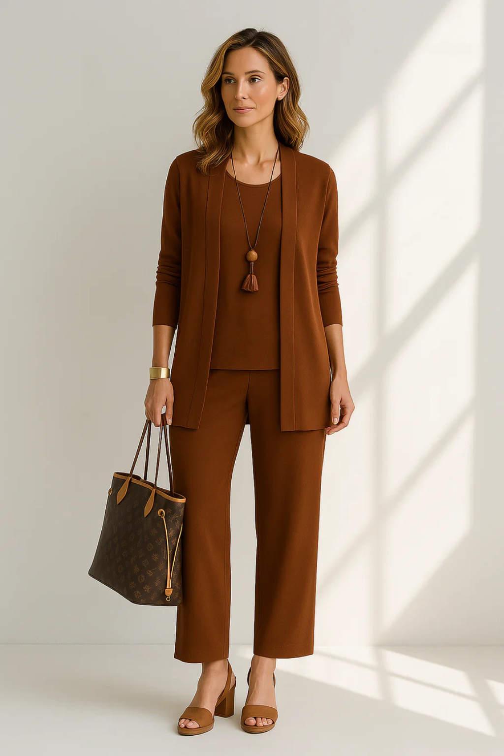 Full-length view of elegant women's 3-piece formal set, perfect for evening wear & business.
