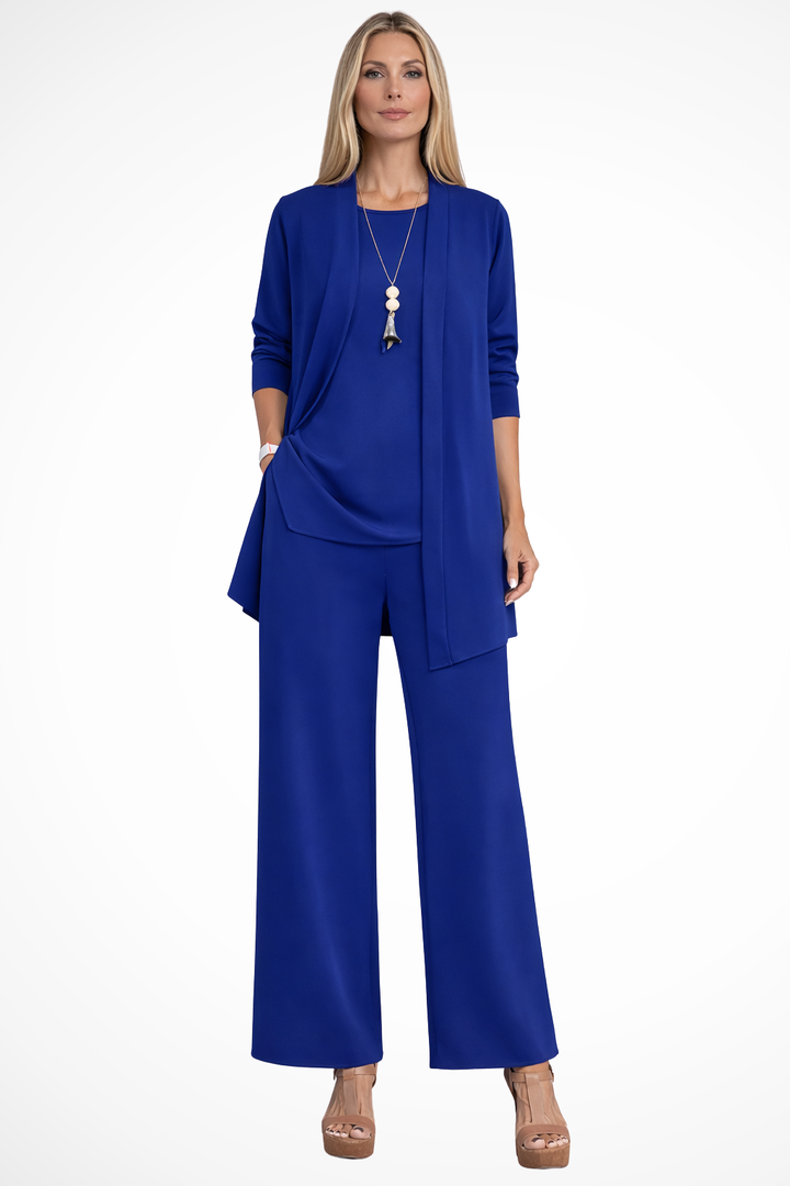 Model wearing elegant women's 3-piece formal set, sophisticated look for special occasions.