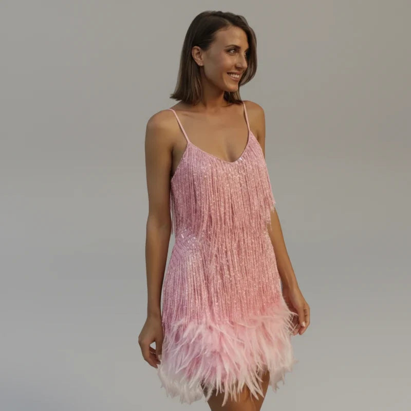 Black fringe clubwear bodycon mini dress for women. A short, flattering sleeveless design, perfect for dazzling.