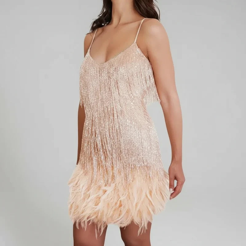 Stylish black women's mini bodycon dress, featuring intricate fringe detail & spaghetti straps. Perfect for parties.