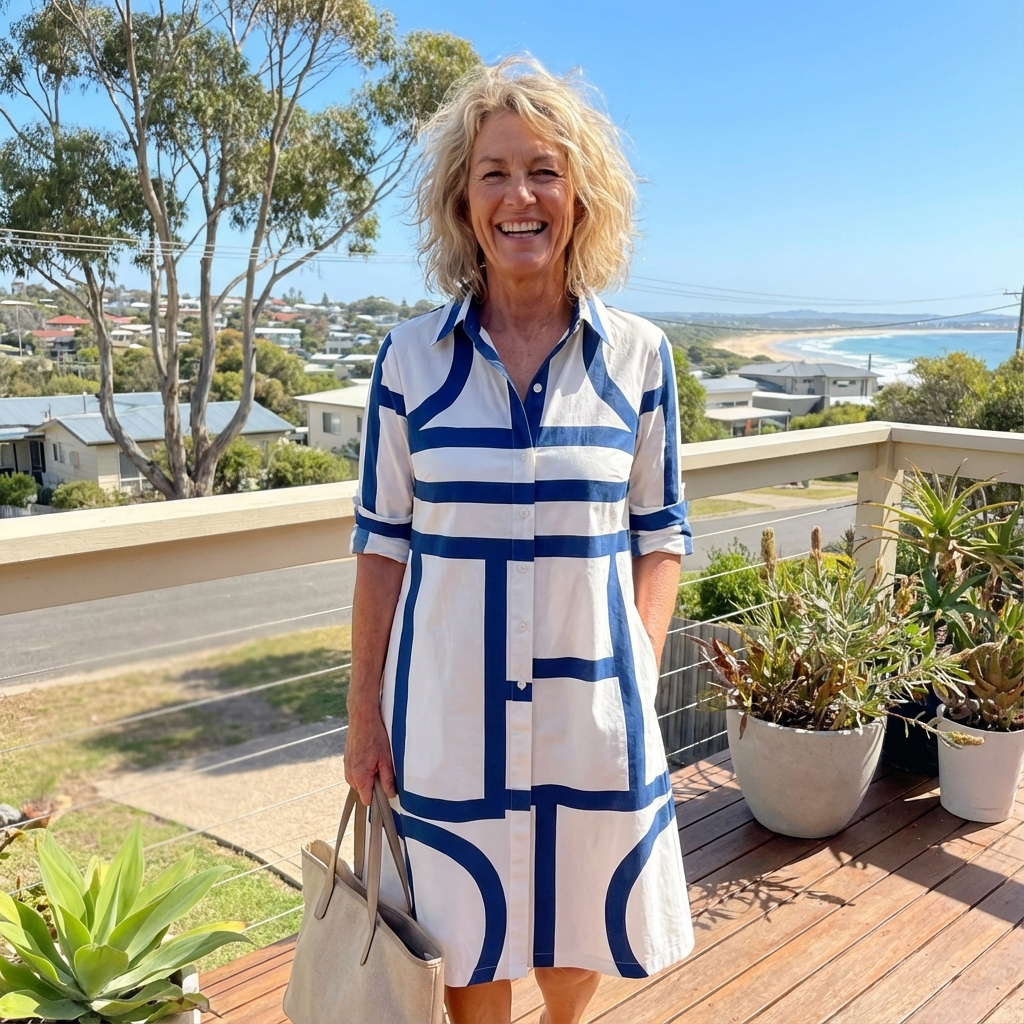 Versatile women's midi dress with a striking geometric print. Elegant collared, button-down A-line; ideal for work & daywear.