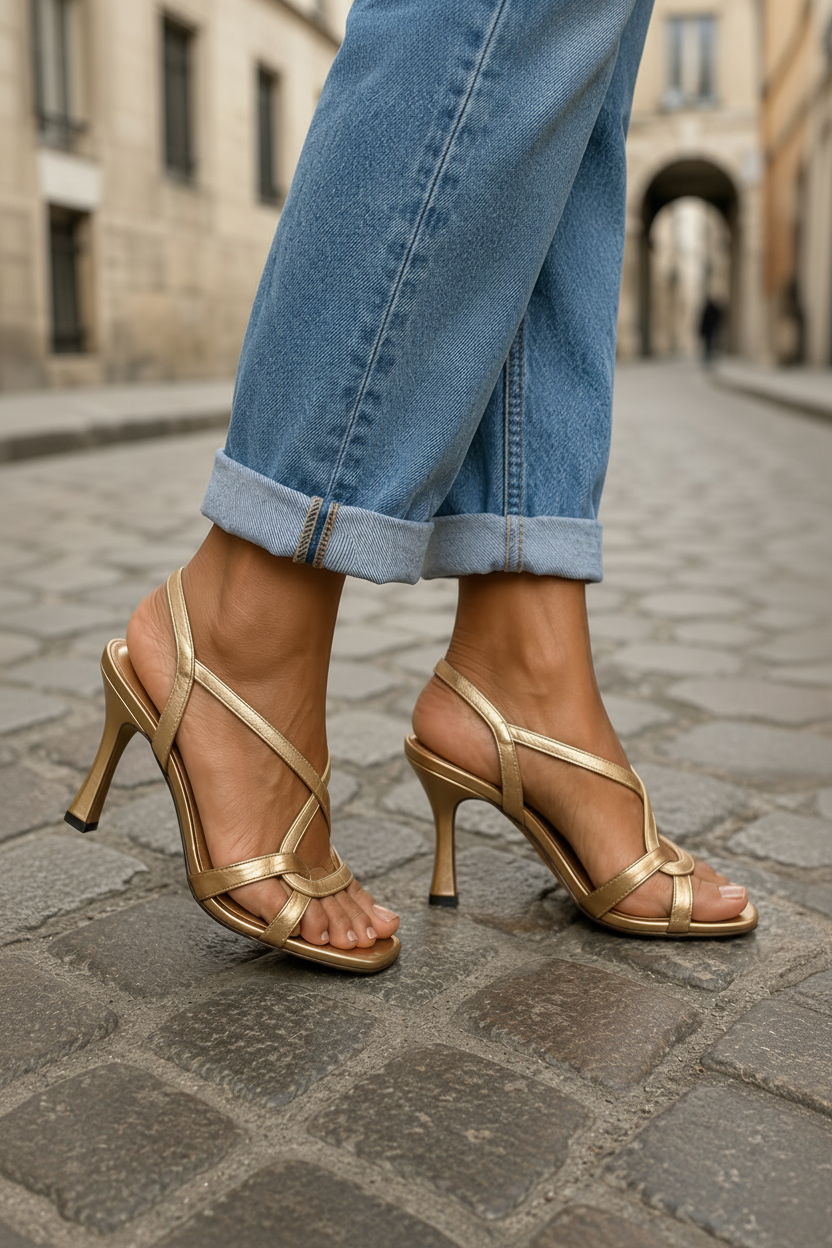 Stylish women's golden heel sandals. Perfect high heels for evening wear, formal events, and special occasions.