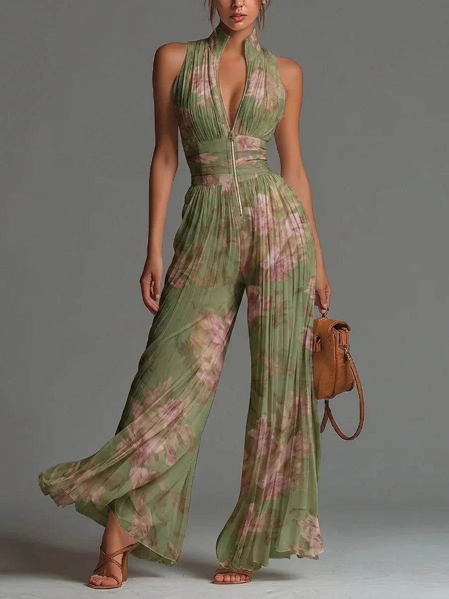 Elegant women's green and white floral pleated halter neck wide leg jumpsuit, perfect for summer special occasions.