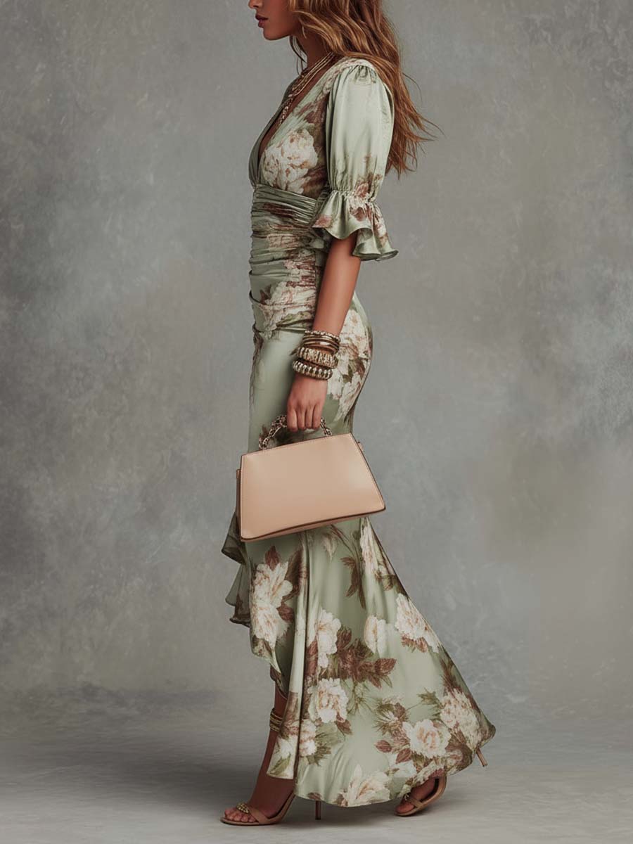 Sophisticated women's flowing green maxi dress with asymmetrical hem for formal events & parties.