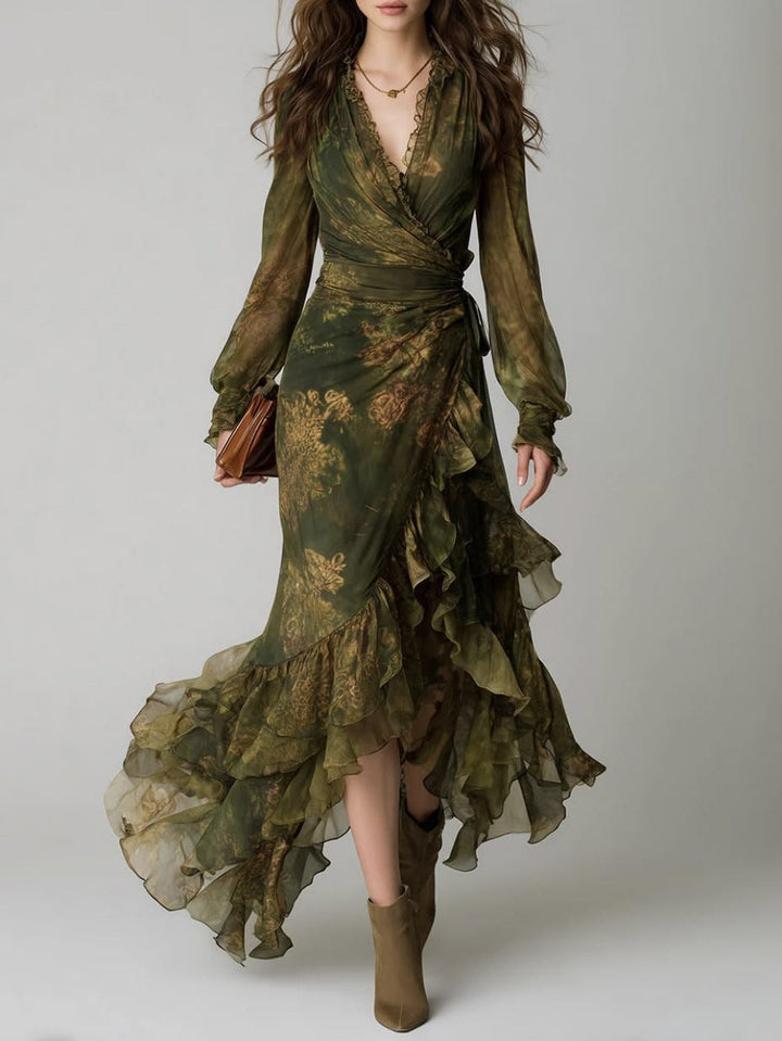 Elegant women's green floral wrap maxi dress with V-neck and ruffle hem, perfect for spring/summer occasions.