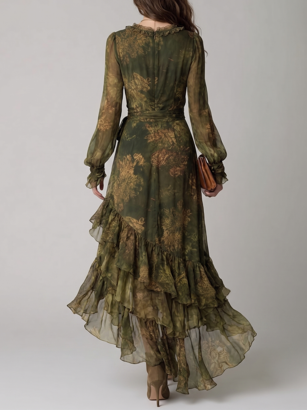 Flowy green floral maxi dress for women, featuring a flattering wrap design, V-neck, and delicate ruffle hem.