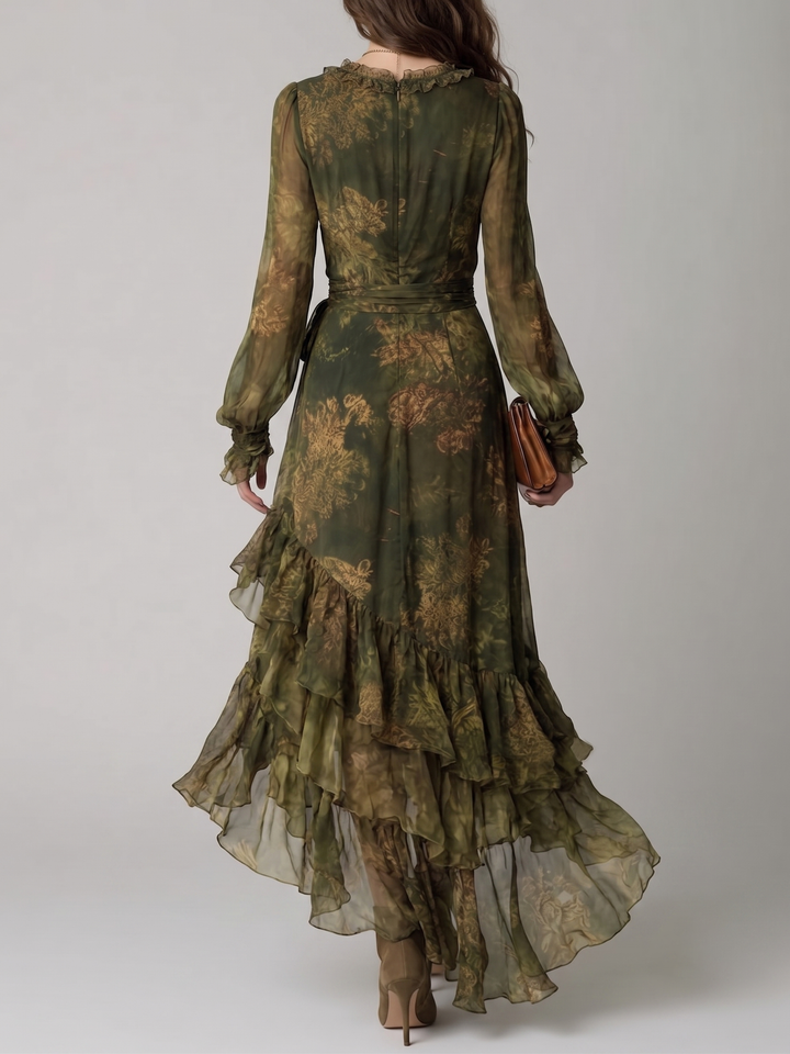 Flowy green floral maxi dress for women, featuring a flattering wrap design, V-neck, and delicate ruffle hem.