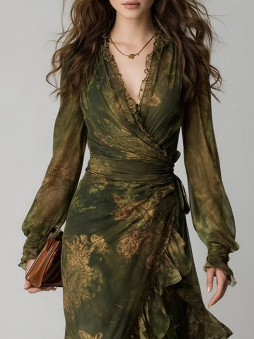 Stylish green floral women's long sleeve maxi dress with V-neck and ruffle hem, ideal for elegant events.