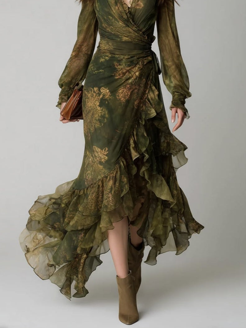 Chic green floral wrap maxi dress with V-neck and ruffle hem, a must-have women's spring/summer fashion.