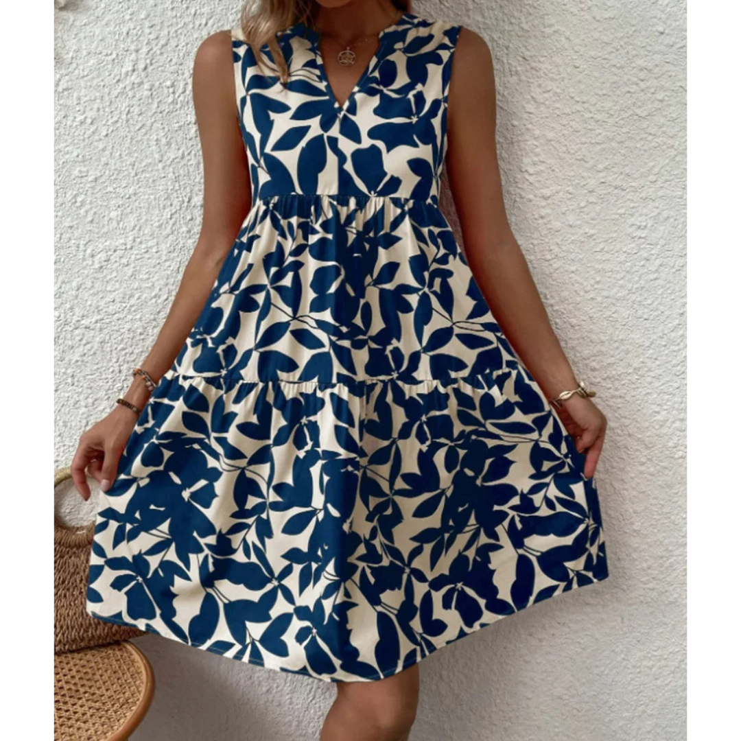 Navy blue elegant midi dress, a comfortable and versatile choice for women's spring and summer fashion. Perfect for evenings.