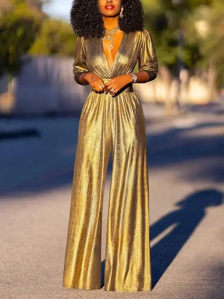 Stylish women's wide leg party jumpsuit in a rich green, an elegant choice for evening & special events.
