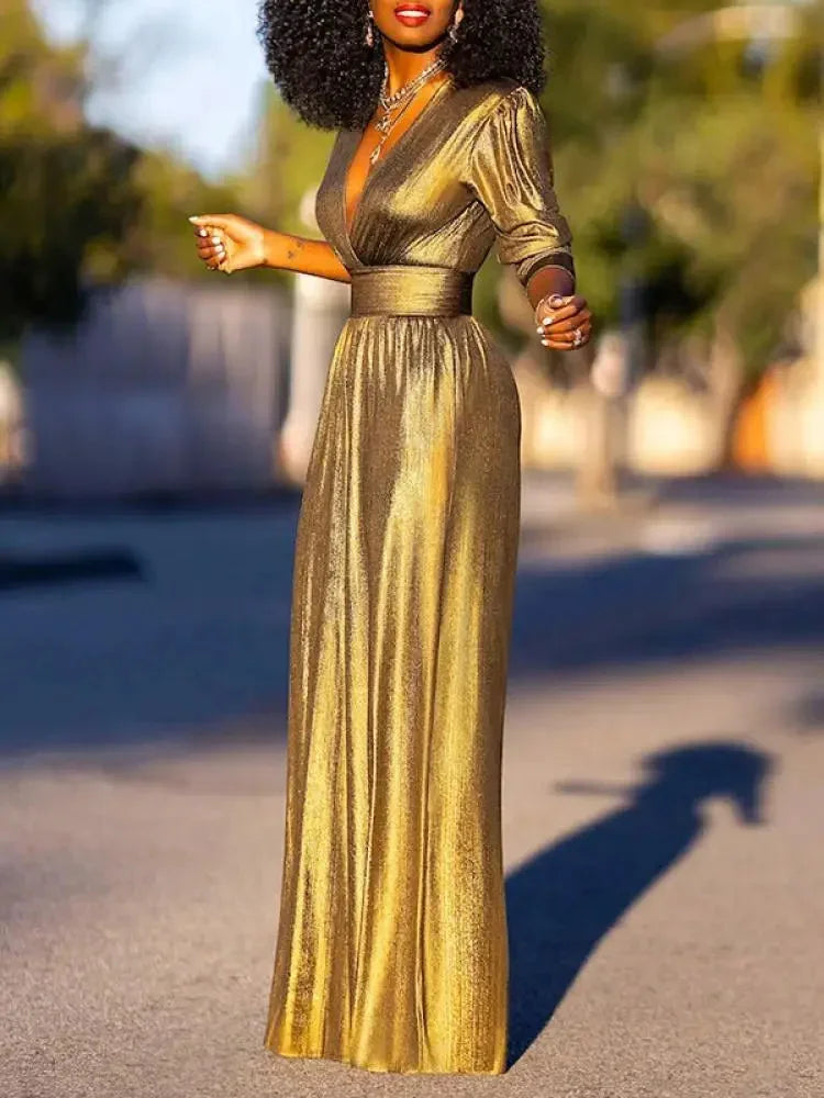 Glamorous wide leg formal jumpsuit for women in gold, a sophisticated V-neck attire for special occasions.