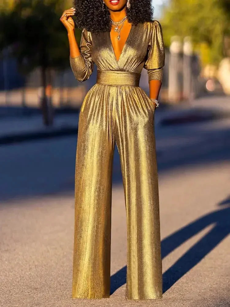 Women's elegant V-neck wide leg formal jumpsuit in deep green, ideal for glamorous evening and party wear.