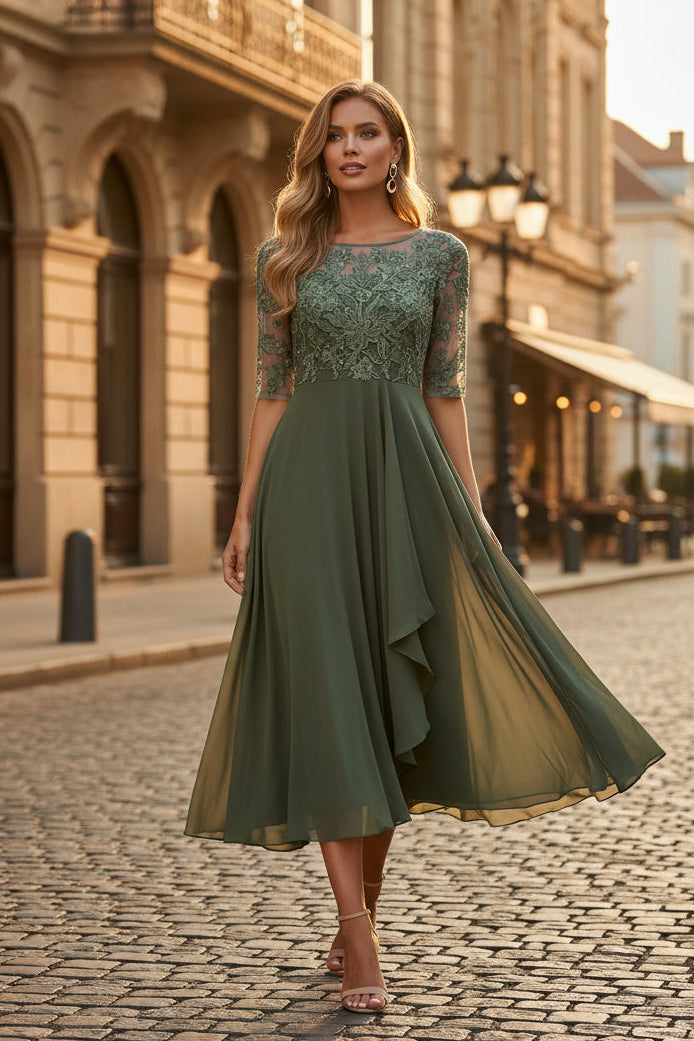 Women's elegant half sleeve formal dress for wedding guests, galas, and special evening occasions.