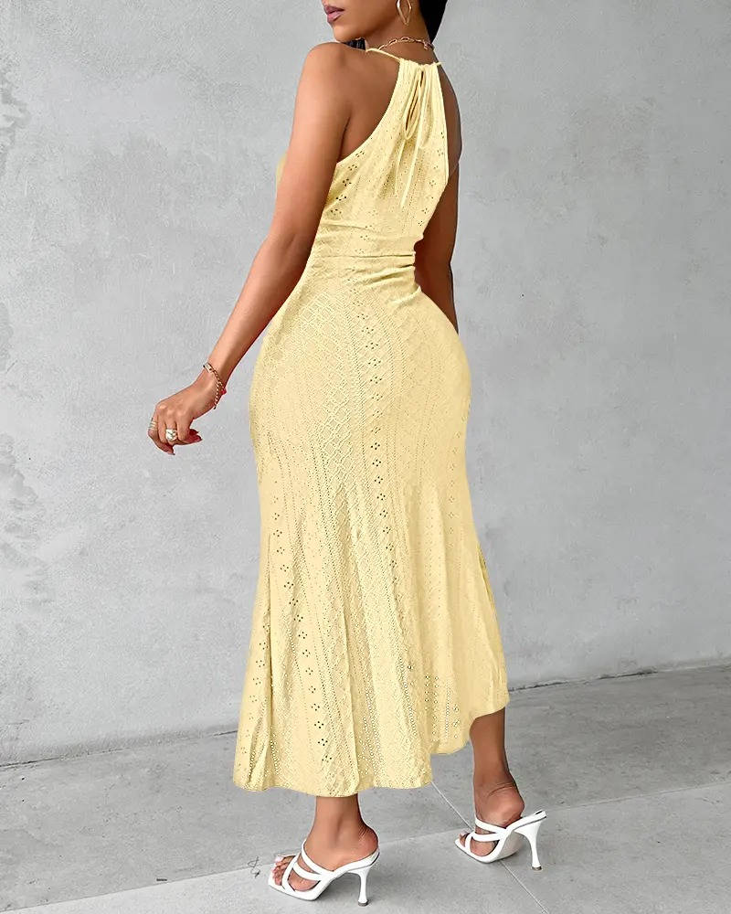 Sophisticated women's halter maxi gown, A-line cut with a graceful slit. Perfect for evening parties.