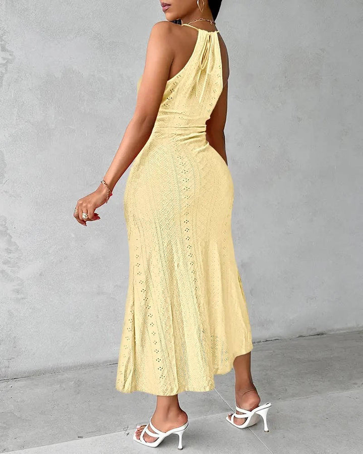Sophisticated women's halter maxi gown, A-line cut with a graceful slit. Perfect for evening parties.